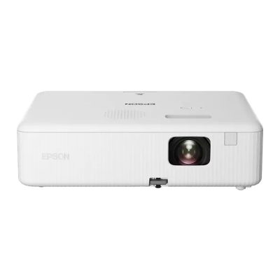 Vidéoprojecteur Epson CO-W01 blanc vu de face avec objectif zoom