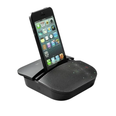 Haut-parleur mains libres Logitech P710e vu de dessus, grille de haut-parleur et commandes tactiles