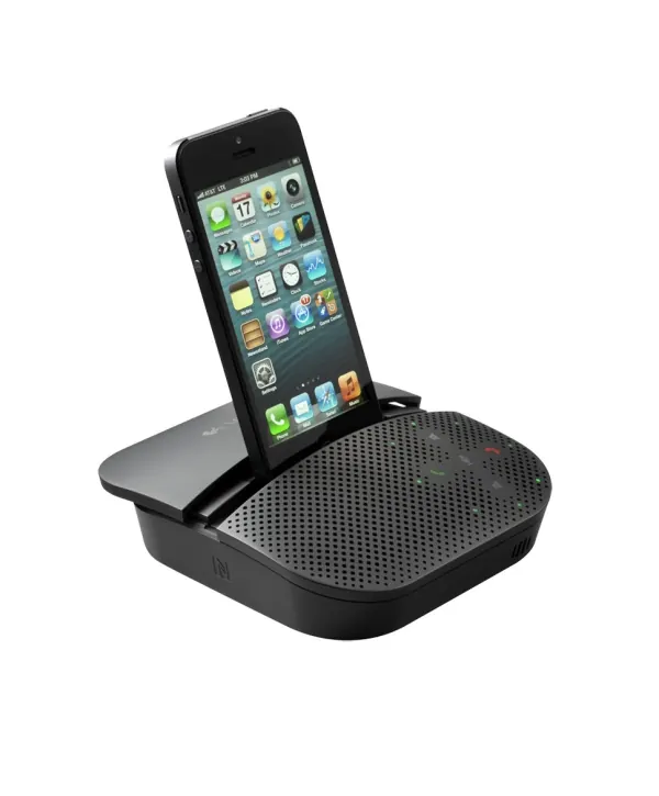 Haut-parleur mains libres Logitech P710e vu de dessus, grille de haut-parleur et commandes tactiles
